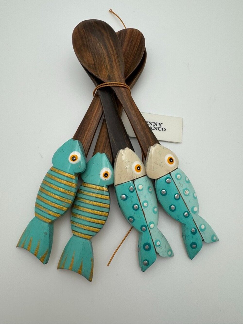 Jenny Polanco Hand-Painted Wood Fish Espresso Coffee Spoons Set 4 Dominican NWT